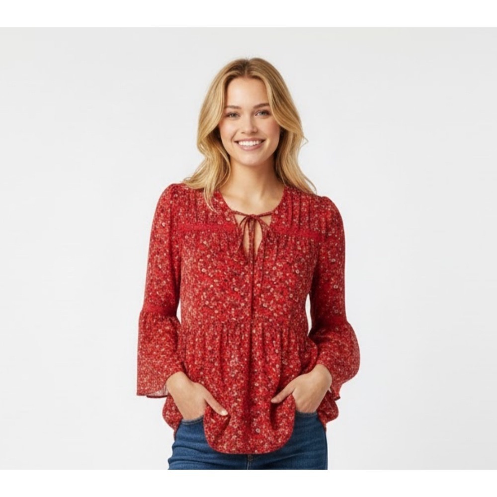 Lucky Brand Red Floral Bell Sleeve Peasant Blouse Top Women's Medium Boho‎
